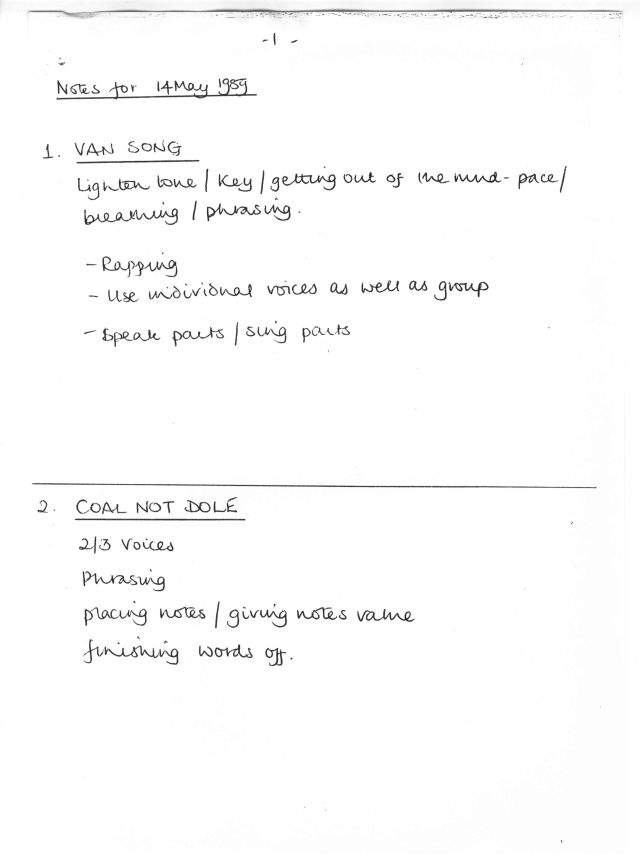 Handwritten notes from page 1 of a campaign event performance dated 14 May 1989